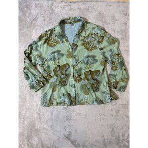 Tianello Women’s XL Button Front Blouse Green Floral Asian Print Long Sleeve Top